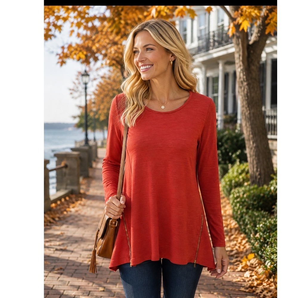 Fever Womens Rust Orange Slub Knit Long Sleeve Tunic Top Gold Side Zips Size S